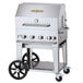 A silver Crown Verity outdoor grill with wheels.