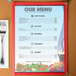 Menu paper with a coffee shop table setting design and a picture of food and drinks.