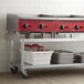 A Regency stainless steel equipment stand with an undershelf and casters holding metal containers.
