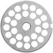 A Backyard Pro stainless steel grinder plate with circular holes.