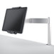 A silver metal Durable tablet clamp holding a black tablet.