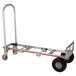A silver Magliner convertible hand truck with black wheels and a red U-loop handle.