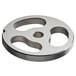 A stainless steel Backyard Pro Butcher Series sausage stuffer plate with holes.