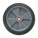 A gray wheel with a black tire and a red rim on a Magliner hand truck.