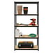 A black Hirsh Industries boltless shelving unit with tools on the shelves.