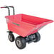 A Magliner red motorized hopper cart with black wheels and dual handle bars.