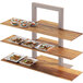 A wood shelf with plates of food on it.