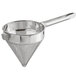 A stainless steel Choice China Cap strainer with a mesh filter and a handle.