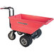 A red Magliner motorized hopper cart with dual black wheels and dual handle bars.