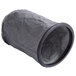 A grey fabric cylinder with a black rubber ring and mesh.