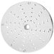 A Robot Coupe stainless steel grating / shredding disc with holes.