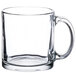 A case of 12 clear glass Libbey warm beverage mugs with handles.