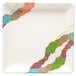 A white square melamine plate with colorful designs.