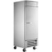 A Beverage-Air reach-in freezer with a stainless steel exterior and a white door with a handle.