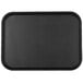 A black rectangular Cambro non-skid serving tray with a black surface and a logo.