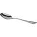 The handle of an Acopa Industry stainless steel bouillon spoon with a silver finish.