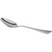 An Acopa stainless steel spoon with a curved silver handle and spoon end.