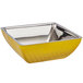 A yellow square bowl from Bon Chef with a diamond pattern and silver trim.