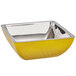 A yellow square Bon Chef bowl with silver trim.