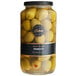 A jar of Belosa Stuffed Queen Olives with a label on it.