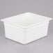A white plastic Cambro food pan with a square top.