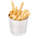 A container of french fries in a stainless steel hammered metal cup.