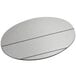 A customizable silver plastic oval nametag with two lines of text.