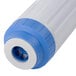 A close up of a white and blue cylindrical water filter cartridge with a blue and white plastic tube.