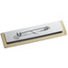 A white and gold Cawley metal rectangle nametag with a metal clip.