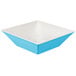 A blue and white square GET Seabreeze melamine bowl with lid.