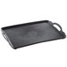 A black rectangular Dinex room service tray with handles.