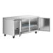 A stainless steel Avantco undercounter refrigerator with two doors open.
