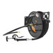 A black Equip by T&S hose reel with a garden hose attached.