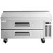A stainless steel Avantco chef base with two refrigerated drawers.