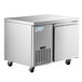 An Avantco stainless steel undercounter refrigerator with wheels.