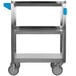 A stainless steel metal utility cart with wheels and blue handles.