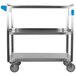A Carlisle stainless steel utility cart with blue handles.