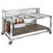 An Eastern Tabletop stainless steel bar cart with bottles and a sink on it.