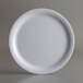 An American Metalcraft Jane Collection white melamine plate with a narrow white rim on a gray background.