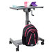 A Luxor crank adjustable standing desk with a gray steel frame and a school bag on it.