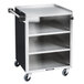 A black metal Lakeside utility cart with four shelves on wheels.