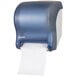 A white and blue San Jamar Tear-N-Dry Essence roll towel dispenser.