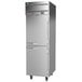 A stainless steel Beverage-Air Cross-Temp refrigerator / freezer on wheels with half doors.