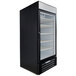 A black Beverage-Air MarketMax refrigerated merchandiser with glass doors and shelves.