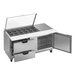 A stainless steel Beverage-Air sandwich prep table with clear lids over two drawers.