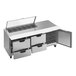 A stainless steel Beverage-Air refrigerated sandwich prep table with clear lids over four drawers.