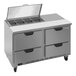 A Beverage-Air stainless steel commercial sandwich prep table with clear lids on four drawers.