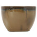 A brown and white ceramic bouillon cup with a blue and black rim.