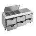 A silver stainless steel Beverage-Air sandwich prep table with six drawers.