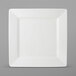 A Pearl White square Tuxton AlumaTux china plate with a plain edge.